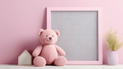 Wall Mural - toy pink plush bear with a wooden frame on a pink background. mock up