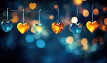 Colorful Hearts With Celestial Textures Against A Backdrop Of Soft Bokeh Lights.
