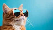 Close-up Portrait Of A Humorous Ginger Cat In Sunglasses, Isolated On Light Cyan Background, Focusing On Vibrant Fur And Playful Expression