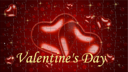 Poster - 3d rendering, illustration, Valentine's day postcard. A red background lined with puzzles with two hearts and text: valentine's day. Congratulations on the holiday.