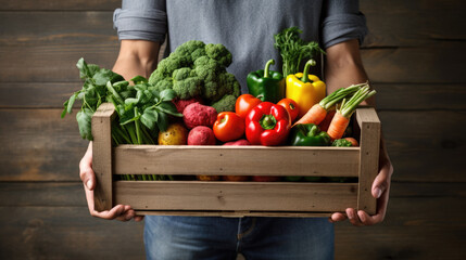 Poster - Farmer holding a wooden crate filled with an assortment of colorful fresh vegetables