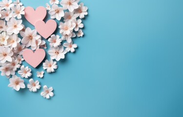 flowers arranged on a blue background with hearts placed on them
