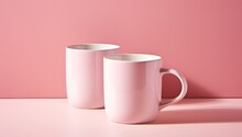 pink and white coffee mugs on a pink surface