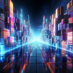 Wall Mural - a digital abstract background with vibrant geometric shapes and neon hues intertwining against a bac