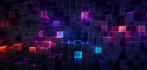 Wall Mural - a digital abstract background with interwoven geometric shapes in vibrant neon hues against a dark c