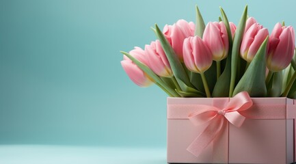 Wall Mural - pink box with pink tulips on the blue background pink tulips