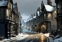 View Of An Old Fashioned English Northern Town Street In Winter At Twilight With Old Stone Houses And Shop Buildings Covered In Snow