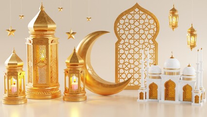 Wall Mural - 3d Ramadan Kareem with golden moon star  and lantern, mosque door islamic pattern, arabic coffee pot, date palm fruit, podium as luxury islamic background. decoration for ramadan kareem, eid mubarak.