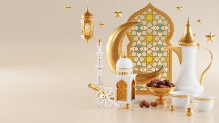 Wall Mural - 3d Ramadan Kareem with golden moon star  and lantern, mosque door islamic pattern, arabic coffee pot, date palm fruit, podium as luxury islamic background. decoration for ramadan kareem, eid mubarak.