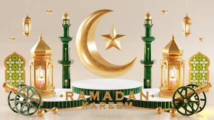 Wall Mural - 3d Ramadan Kareem with golden moon star  and lantern, mosque door islamic pattern, arabic coffee pot, date palm fruit, podium as luxury islamic background. decoration for ramadan kareem, eid mubarak.