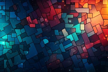 Wall Mural - Abstract representation of connectivity and unity portrayed through a mosaic of interlocking geometric shapes against a cosmic backdrop.