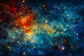 Wall Mural - Abstract representation of connectivity and unity portrayed through a mosaic of interlocking geometric shapes against a cosmic backdrop.