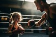 Resilient Little girl training with coach in boxing ring in evening. Sport boxer trainer beat classes. Generate Ai