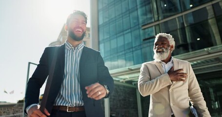 Poster - Business men, fist bump and team in street with smile, support and respect on walk to investment company. Partnership, friends and staff with hello, happy and commute on city sidewalk in Cape Town