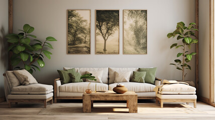 Canvas Print - Nature-inspired living room with a blank wall, botanical prints, and organic textures.