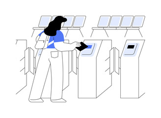 Sticker - Walking through a turnstile abstract concept vector illustration.