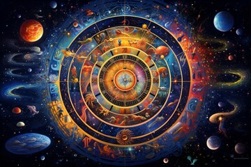 Wall Mural - conceptual abstraction of time and space depicted through an intricate tapestry of celestial motifs 