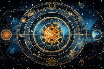 Wall Mural - conceptual abstraction of time and space depicted through an intricate tapestry of celestial motifs 
