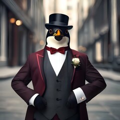 Wall Mural - A suave penguin in a tailored suit, posing for a portrait with a cool and collected demeanor3