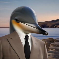 Wall Mural - A suave dolphin in a tailored suit, posing for a portrait with a playful and intelligent gaze1