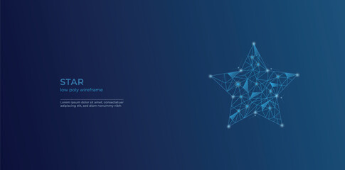 Blue star illustration low poly, starry sky consisting of points, lines, and shapes in the form of stars. low poly wireframe