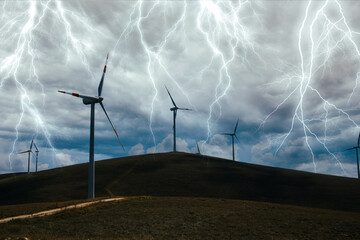 Sticker - a wind farm full of turbines in the Italian mountains. The green economy and technology are the only solution to protect the planet from climate change and global warming hilly ecological efficiency