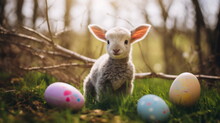 Portrait of cute white small sheep lamb staying in spring forest near colored easter eggs. Happy Easter and springtime concept.