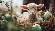 Portrait of cute white small sheep lamb in straw nest with green easter eggs. Happy Easter and springtime concept.
