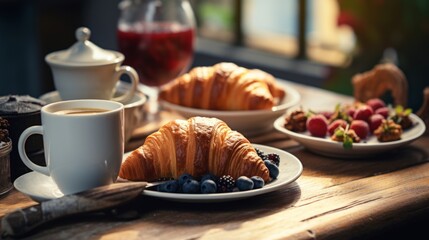 Delicious coffee with croissants