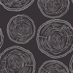 Wall Mural - Vector Seamless Pattern with Tree Rings, Saw Cut Tree Trunk, Wood Log, Cross. Pine, Oak Slices, Lumber. Cut Timber, Wooden Texture with Tree Rings. Hand Drawn Design Element