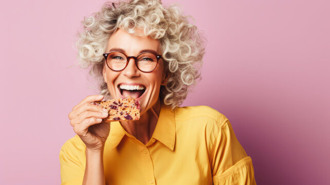 
An older lady indulges in tasting a nutritious and crunchy protein bar made from edible insects, a sustainable and environmentally friendly source of protein.