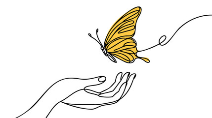 Wall Mural - Yellow Butterfly flies over hand - One continuous line drawing.