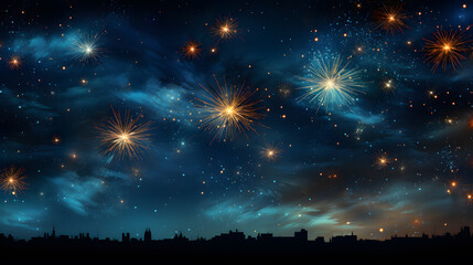 Wall Mural -  New Year's Eve fireworks on rustic dark blue night sky texture