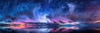 Blue and purple northern lights over an ocean poster with copy space.