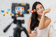 © Art_Photo - Smiling pretty woman beauty clean fresh healthy white skin blogger in front of camera recording video content for live stream chat talking with makeup cosmetic for internet social network at home