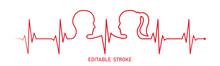 Editable red line love couple, man, woman head, line art vector. Heart rhythm ekg vector design to use in love, healthy lifestyle, emotion, romance concept illustration projects.
