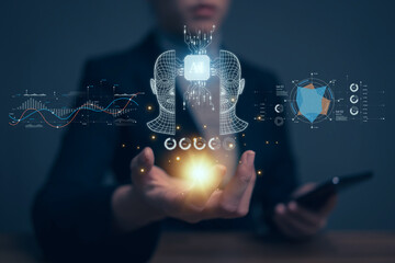 Fototapete - Chatbot chat with AI. Artificial intelligence. The concept of accessing imagination by feeding commands to Ai to create what is in our mind with futuristic technology through the Internet..