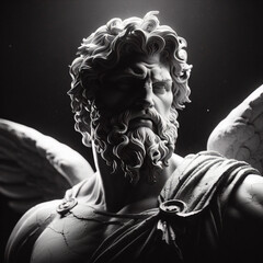 Handsome marble statue of powerful greek god Ares over dark background, The powerful king of the gods in ancient Greek religion. Male statue of a Roman deity.