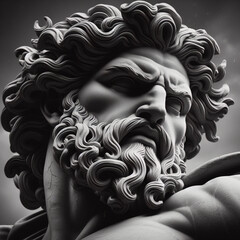 Handsome marble statue of powerful greek god Ares over dark background, The powerful king of the gods in ancient Greek religion. Male statue of a Roman deity.