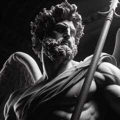 Handsome marble statue of powerful greek god Ares over dark background, The powerful king of the gods in ancient Greek religion. Male statue of a Roman deity.