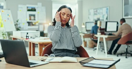 Poster - Headache, burnout and mature business woman in office for research, planning or thinking for project. Migraine, stress and female creative designer from Mexico working on laptop in workplace.