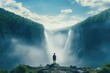 Young traveler standing at the edge of a surreal, floating waterfall in a dreamlike, misty valley.