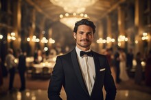 Stylish Man Wearing A 1920s Tuxedo With A Bow Tie At A Grand Ballroom Event.