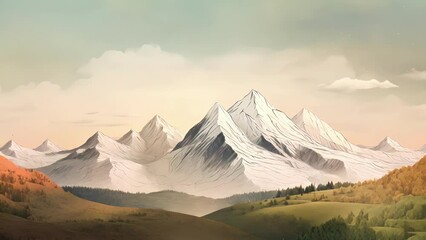 Wall Mural - Seamless loop of a minimalist handdrawn animation of a mountain landscape with changing seasons.