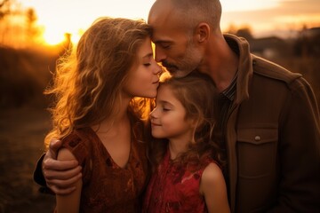 Wall Mural - Affectionate couple with two daughters kissing in rural field at sunset