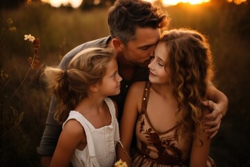 Wall Mural - Affectionate couple with two daughters kissing in rural field at sunset