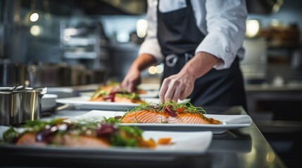 Wall Mural - Gourmet Creation: Experience the Art of Culinary Excellence as a Professional Chef Prepares a Fresh Salmon Fillet, Showcasing Expertise and Skillful Cooking Techniques.