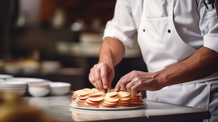Sticker - Sweet Perfection: Professional Chef Prepares a Dessert with Sliced Apple, Combining Fresh Ingredients and Culinary Expertise in the Kitchen.