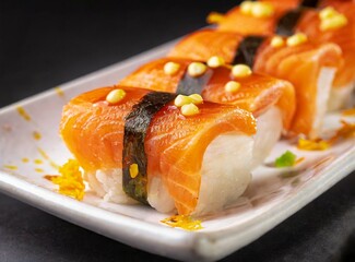 Canvas Print - Japanese food, sushi isolated on black background, closeup photography. Studio photography. Ideal for restaurant web/promotion/advertisement/banner/design, with copy space for text/logo/graphic design