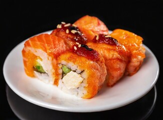 Canvas Print - Japanese food, sushi isolated on black background, closeup photography. Studio photography. Ideal for restaurant web/promotion/advertisement/banner/design, with copy space for text/logo/graphic design